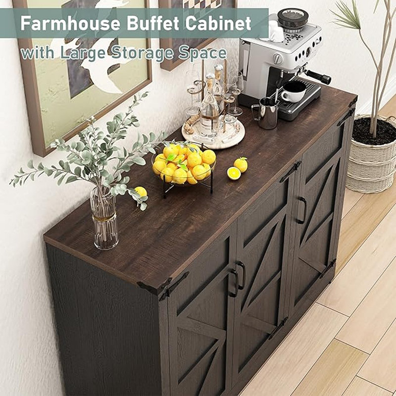 Buffet Farmhouse avec tablettes réglables, bar à café en bois, brun