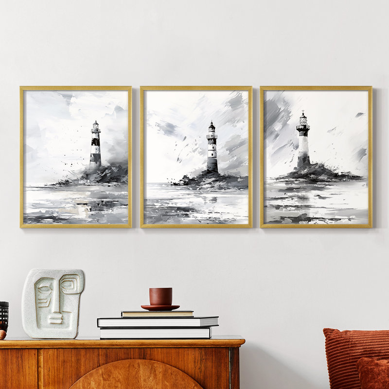 Série Sea and Shore Cxxxiv -Set de 3 estampes numériques giclées -Prêt à accrocher, Cadre doré, H 28 po x l 22 po