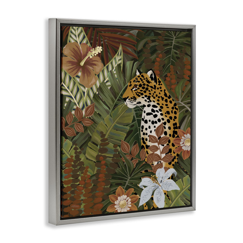 "Hibiscus Jungle Leopard", art mural sur toile flottante par Cat Thurman Designs, Cadre flottant gris lustré