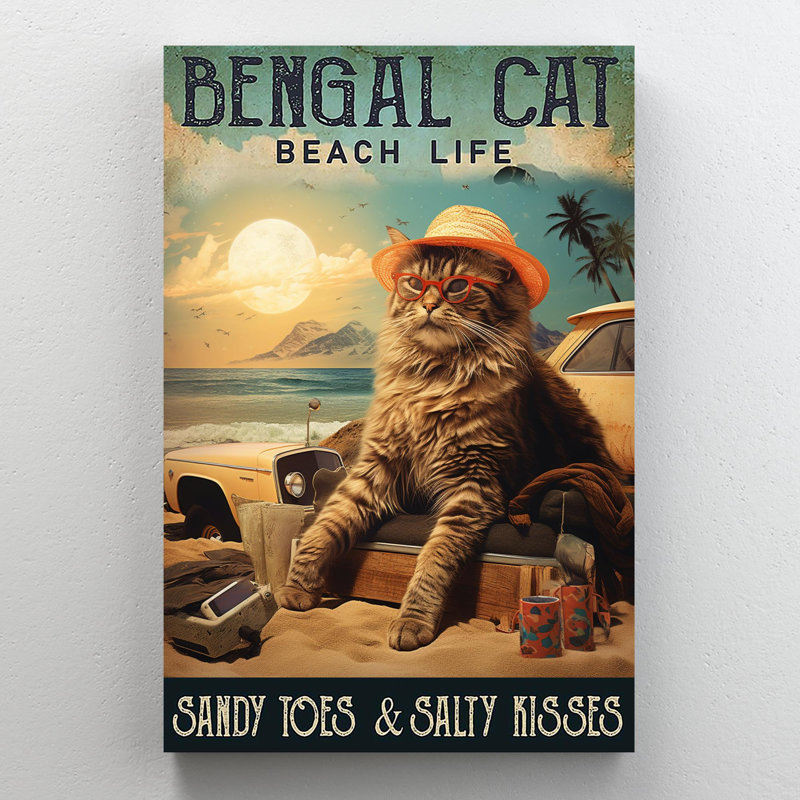 «Bengal Cat Beach Life» - Reproduction de rectangle 1 pièce, Bengal Cat Beach Life sur toile, H 36 po x l 24 po x P 1,25 po