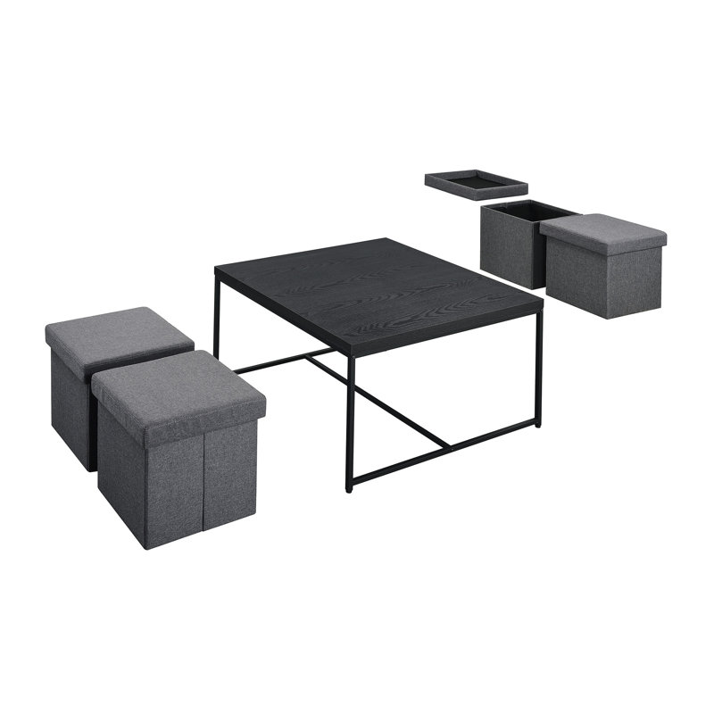 Table basse 35 po, grain de bois noir, 4 espaces de rangement, plateau de table, base en métal, pieds à grain réglable, tabourets, pour un style époustouflant