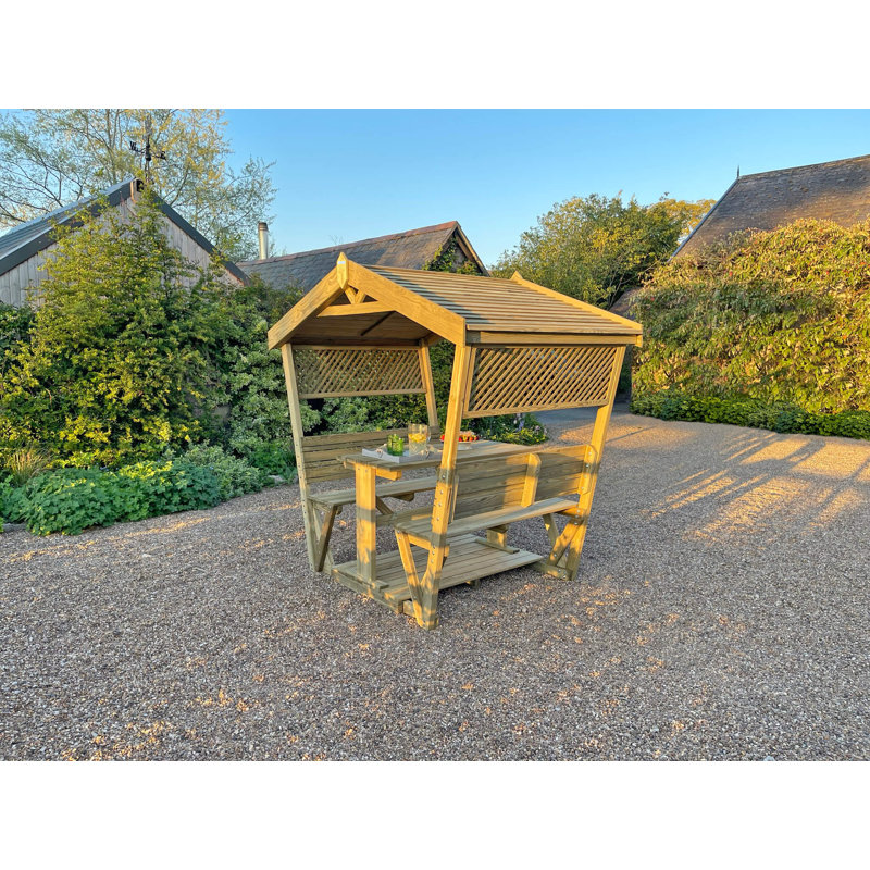 Breslyn 212cm W x 144cm D Solid Wood Arbour with Bench in Brown