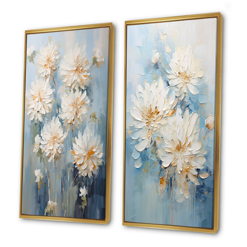 «White and Blue Chrysanthemums Painted Ink», ensemble de 2 reproductions d'art mural, Cadre flottant doré, H 28 po x l 25 po