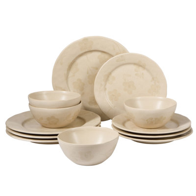Bloomhouse - 2 Time Oprah's Favorite Things - Made in Portugal Hand Painted Dinnerware Set - Porto Petals 12 Piece (Service for 4) Floral Plates and Bowls Set - Lilly Cream