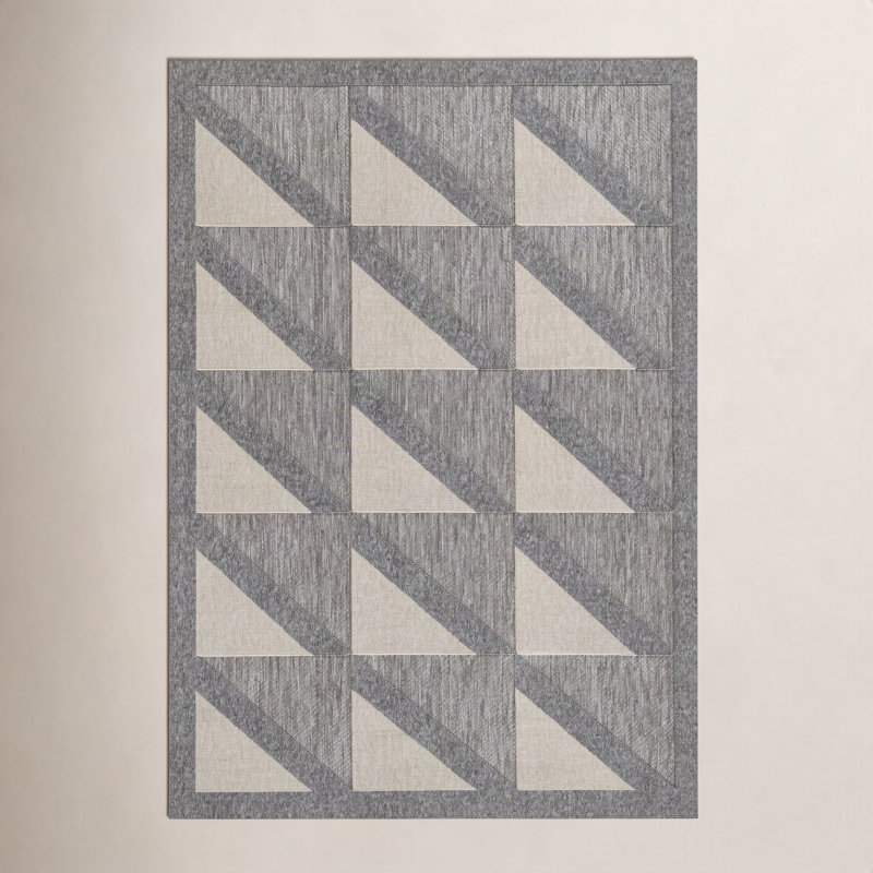 Trula Gray Beige Geometric Outdoor Rug, Runner 2'7" x 7'6"
