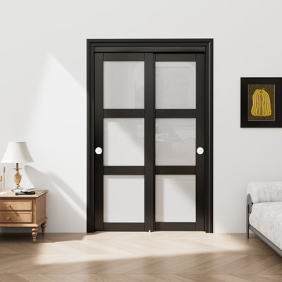 Space-Saving 80" Black MDF Frosted Glass Pantry Closet Sliding Door With All-Inclusive Hardware Set