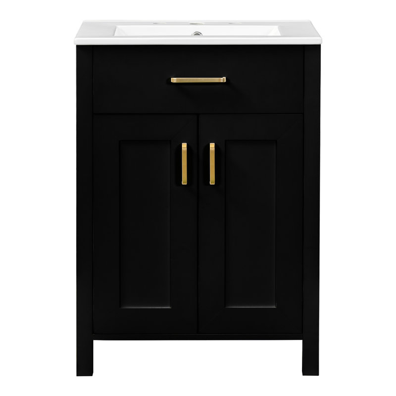 Meuble-lavabo moderne de 48 po avec deux lavabos en céramique, conception à fermeture en douceur, tablette réglable en forme de U et poignées dorées esthétiques pour le rangement