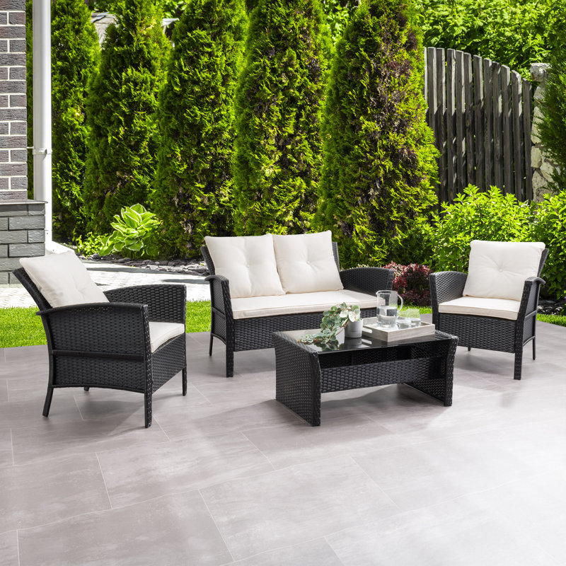 Kovac 4 - Person Patio Conversation Set with Cushions, Black, Warm White