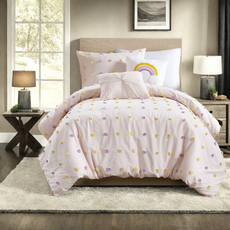 Premium Cotton Bedding Sets, Pink Jacquard Pom Pom Style, Cozy Home Décor