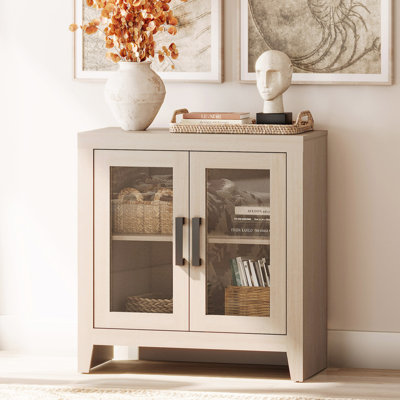 Farmhouse TV Stand For Tvs Up To 50”, Rustic Wood Entertainment Centre With Adjustable Shelf, Glass Doors & Storage, Media Console Cabinet For Living-Room, Bedroom, Beige