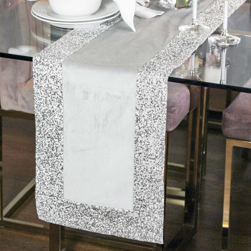 Sparkles Home Luminous Border Velvet Table Runner with Rhinestone Trim | 72"x13" Decorative Accent, Silver