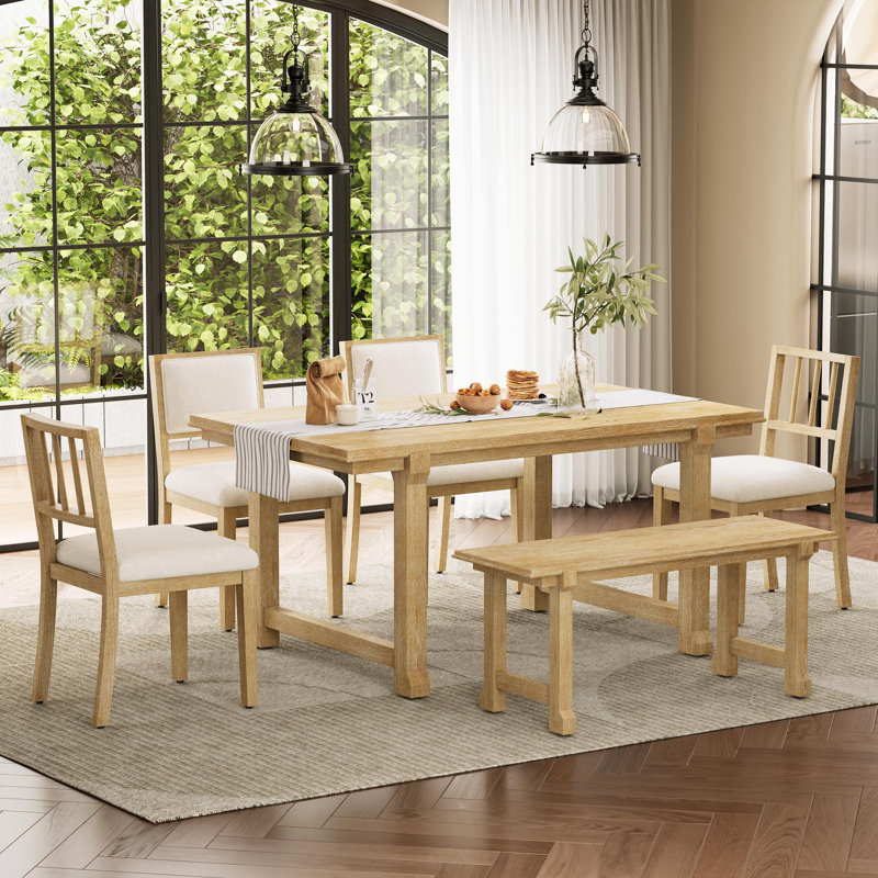 Ensemble de salle à manger de ferme 6 pièces pour 6 personnes, ensembles de cuisine et de salle à manger avec pieds et structure en bois massif, chaises ergonomiques à double style, idéal pour la cuisine et la salle à manger (bois naturel délavé)