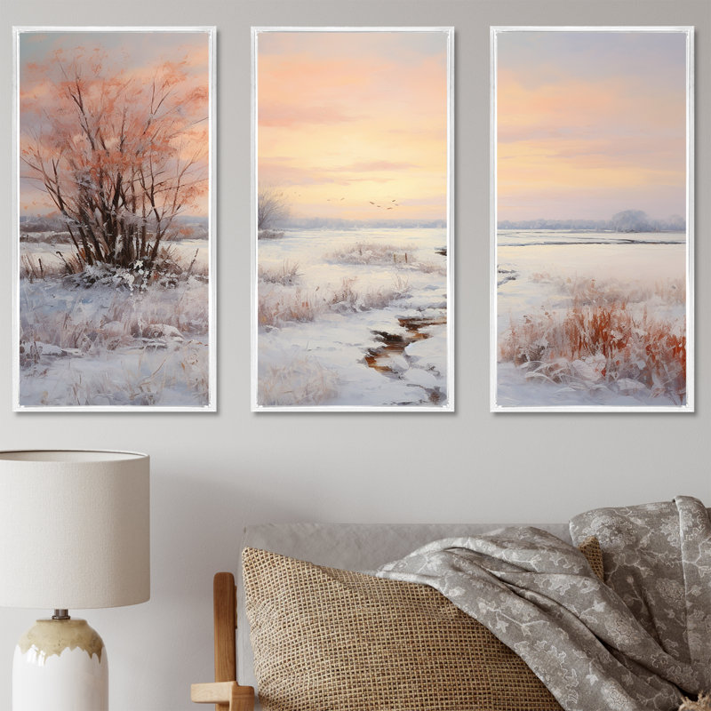 Winter Winter Sunrise By The Lake I - Neige, ensemble d'art sur toile, Cadre flottant blanc, H 32 po x l 48 po x P 1 po