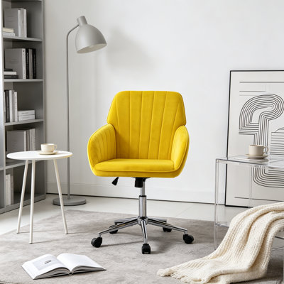 Fauteuil de bureau en velours à couture verticale jaune vif, fauteuil de bureau pivotant sur roulettes pivotant à hauteur réglable à 360 °, fauteuil de coiffeuse confortable à base en métal plaqué or 5 étoiles pour étudier à la maison, plusieurs choix de couleurs de velours, supporte 300 lb