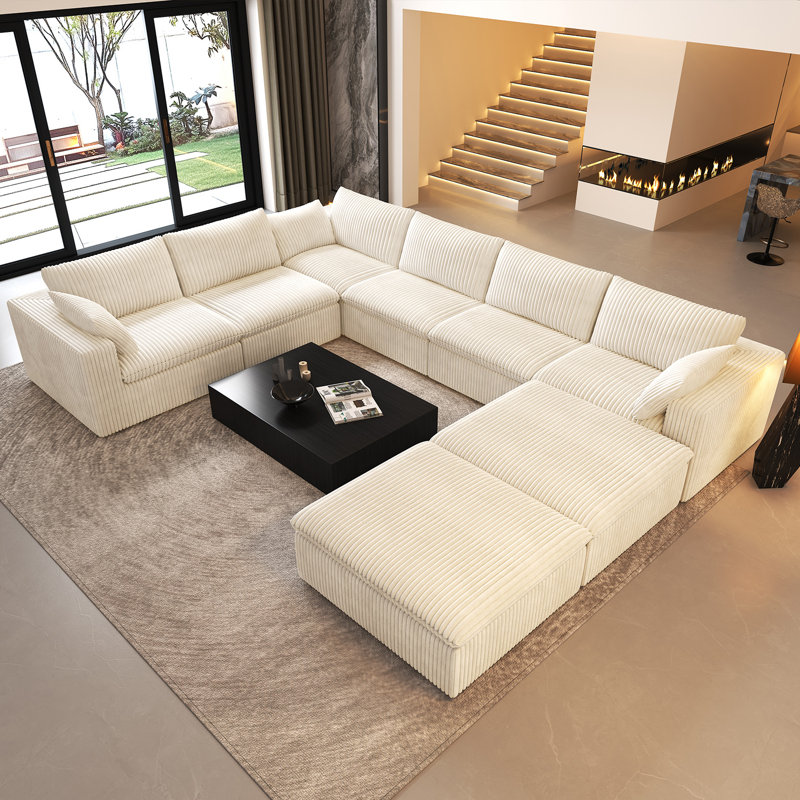 Boneless U-Shaped Modular Corner Sectional 8-Piece Plush Corduroy Sofa,157.5"W Cloud Couch with 2 Ottoman,No Assembly Required Boneless Couch
