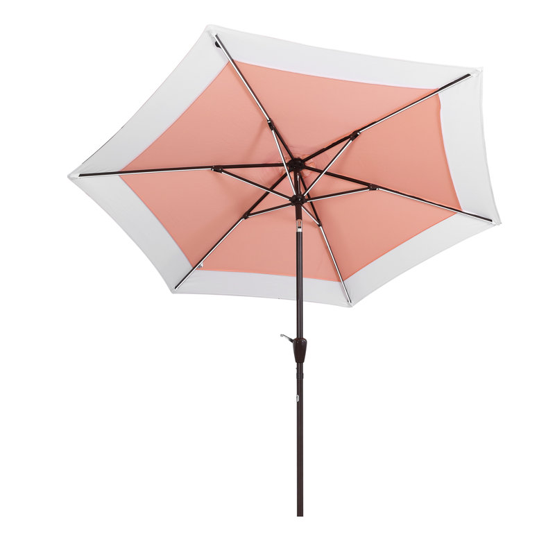 Spencer 9 ft. Coral Pink and White Solar LED Market Patio Umbrella with Aluminum Frame