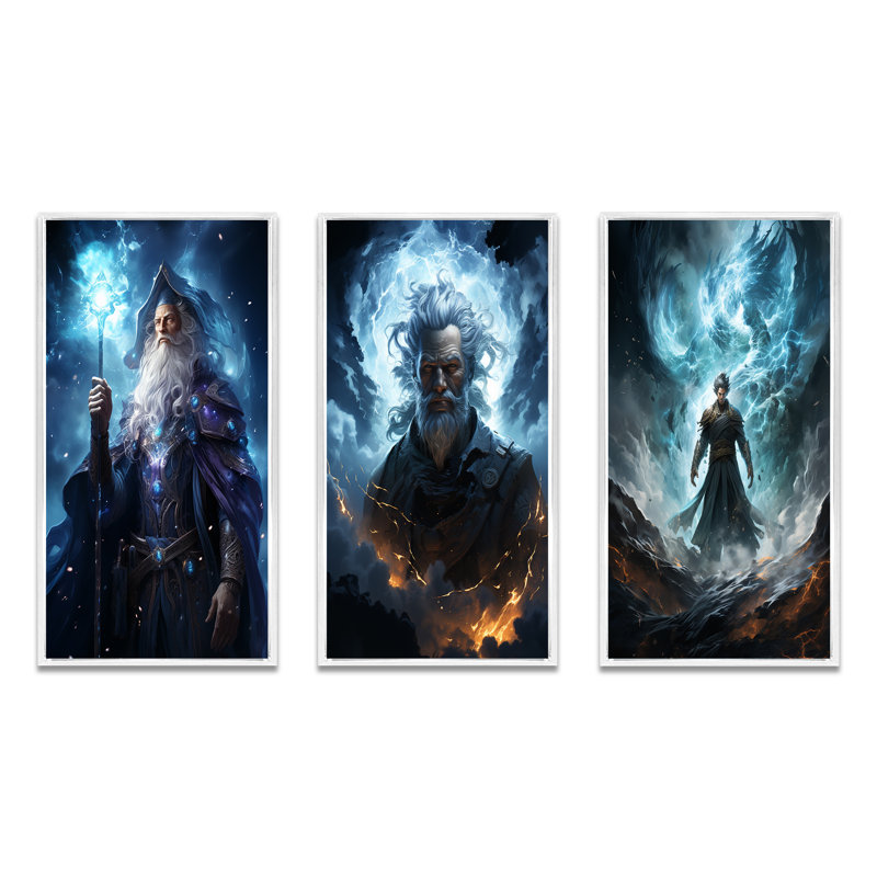 «Powerful Wizard», 3 pièces sur toile, Cadre flottant blanc, H 32 po x l 48 po
