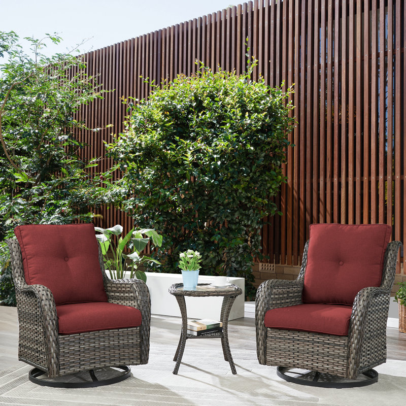 Chaises berçantes pivotantes pour l'extérieur, ensemble de patio en osier 3 pièces avec coussins épaissis, dossier haut, sièges profonds, accoudoirs larges, chaises pivotantes d'extérieur pour porche, terrasse