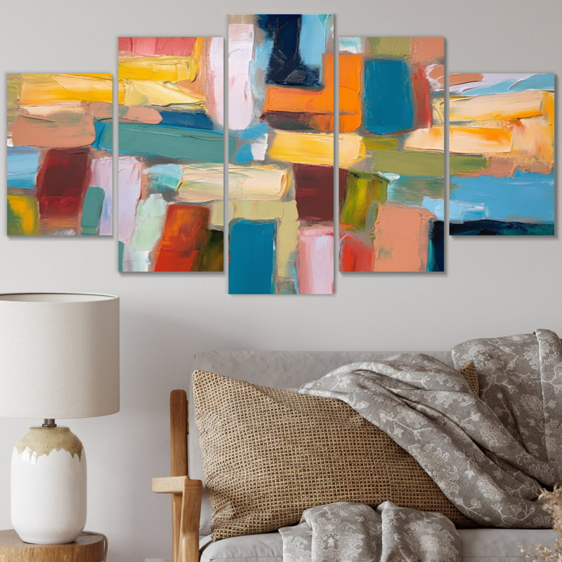 Vibrant Cubist Colourfields II - Abstract Collages Wall Art Living Room - 5 Panels