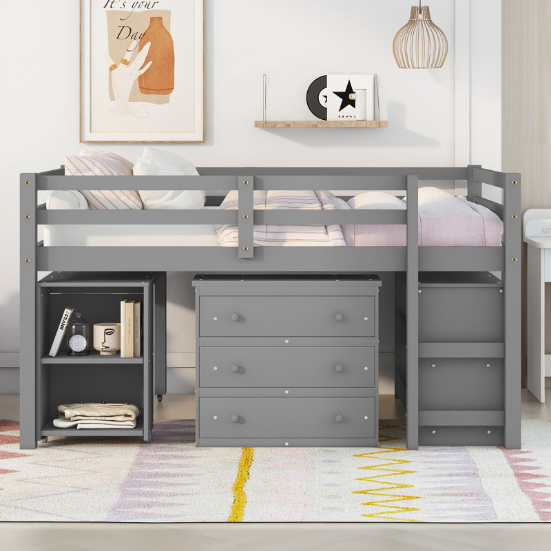 Lit mezzanine double bas avec cabinet, tablettes et bureau portatif à roulettes, lit multifonctionnel - gris