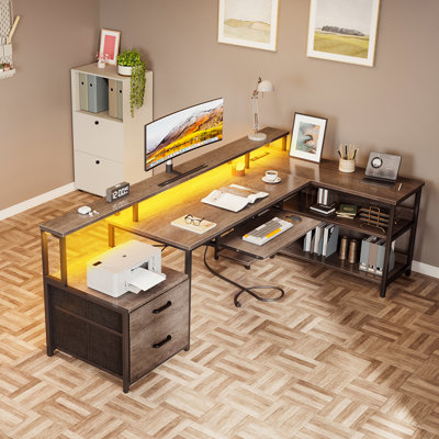 Sholpan LED L-Shaped Desk with Cabinet with Power Outlets