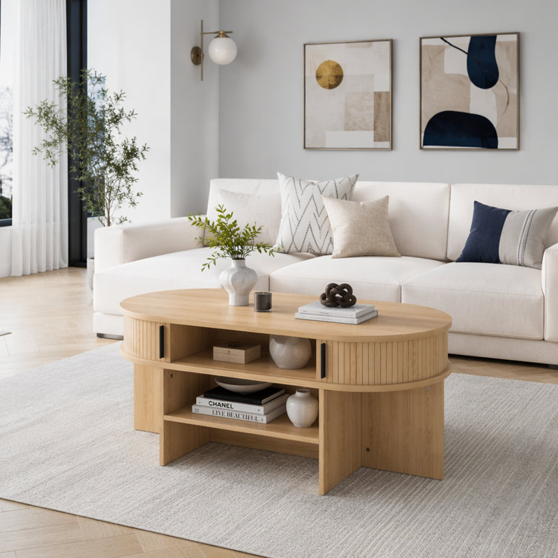 Table basse multifonctionnelle ovale avec rangement et 4 tabourets en tissu, parfaite pour une vie sans encombrement et des espaces compacts