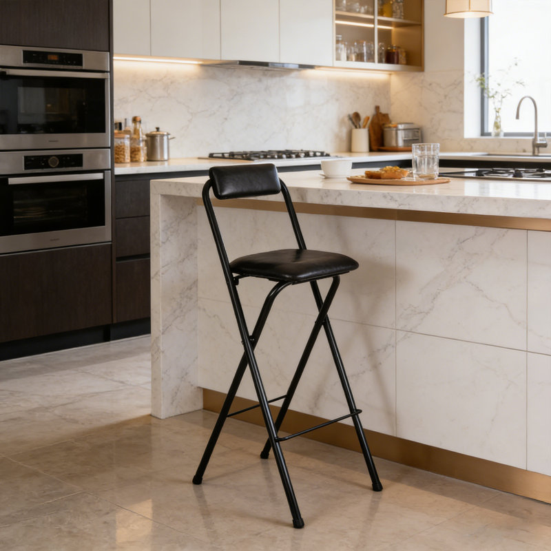 29.5" Seat Height Folding Bar Stool With Leather Seat And Metal Frame