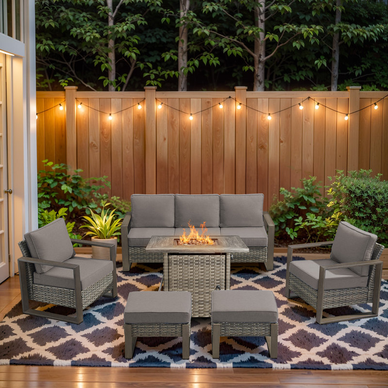 Palomares 6-Piece Outdoor Conversation Set With Square Fire Pit Table, 7-Person Wicker Patio Seating With Sofa, Armchairs And Ottomans