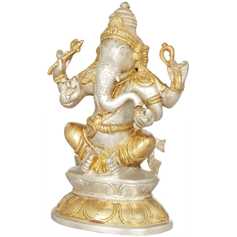 Ganesha sur base Lotus double en laiton, Argenté/doré