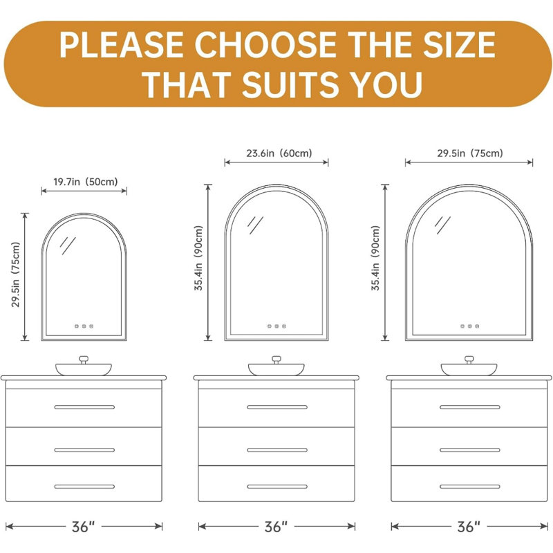 Arched LED Backlit Bathroom Mirror 24"X36" – Frameless Lighted Vanity Mirror With Anti-Fog, Dimmable Brightness, 3 Color Temperature, Touch Sensor, Shatterproof Tempered Glass