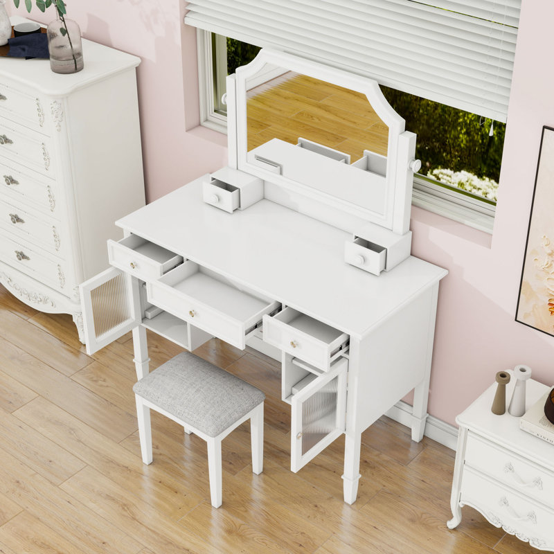 Vanity Desk with Swivel Mirror, Drawers, Cabinets and Stool