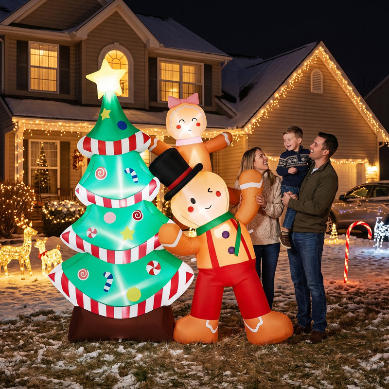 Décoration de jardin d'extérieur de 7,3 pi en pain d'épice et arbre de Noël avec 6 lumières DEL 190D en polyester 12V 1500 mA
