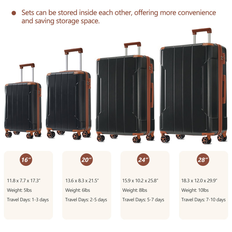 Ensemble de valises 6 pièces Hardshell, valises extensibles légères à deux roues, verrou TSA, noir, Noir