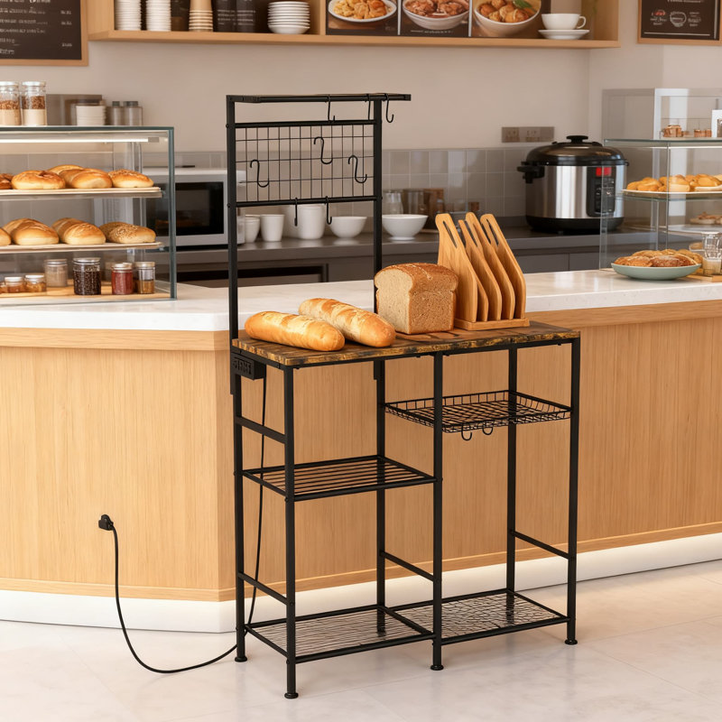 Étagère de cuisine avec 3 prises de courant, étagère de rangement à 6 niveaux avec panier amovible, support à micro-ondes et station de café avec 10 crochets en S