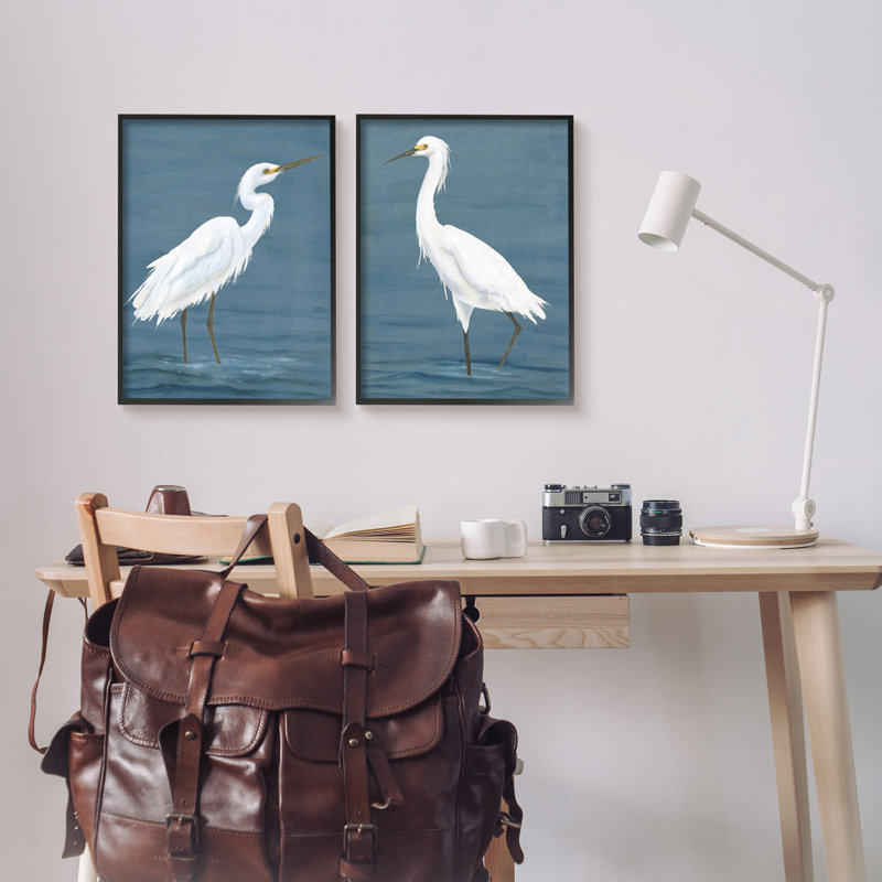 Aigrettes blanches sur le rivage 2 pièces, H 20 po x l 32 po x P 1,5 po, Giclée encadrée noir minuit