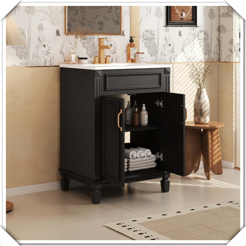 Meuble-lavabo autoportant moderne en bois massif avec portes réglables, Noir