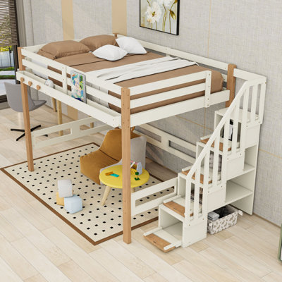 Lit mezzanine avec tablettes de rangement, crochet à vêtements et espace sous le lit