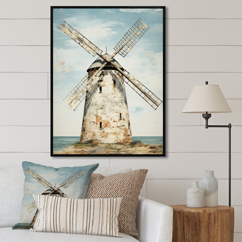 «Vintage Windmills At The Beach II - Wind Turbines», art mural, Cadre flottant noir, 40" H x 30" W