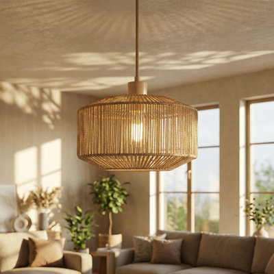 Boho 11.8" Plug-in Wicker Pendant Light with 3-Level Dimming, Handwoven Rattan Hanging Lamp