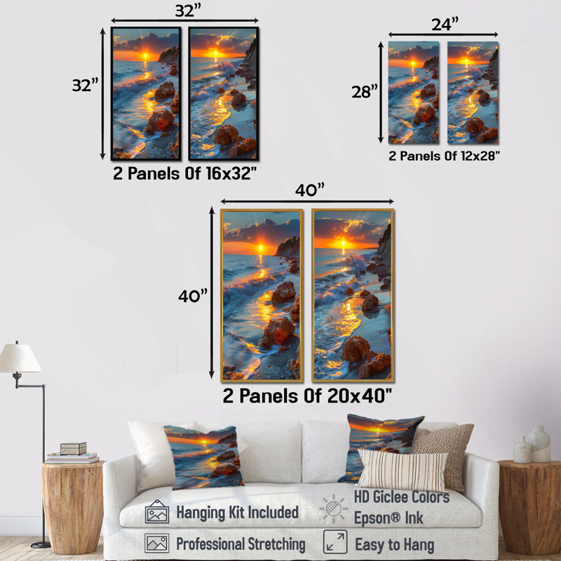 Photo panoramique de la plage rocheuse au lever du soleil III - ensemble d'art mural de plage 2 pièces, H 40 po x l 40 po