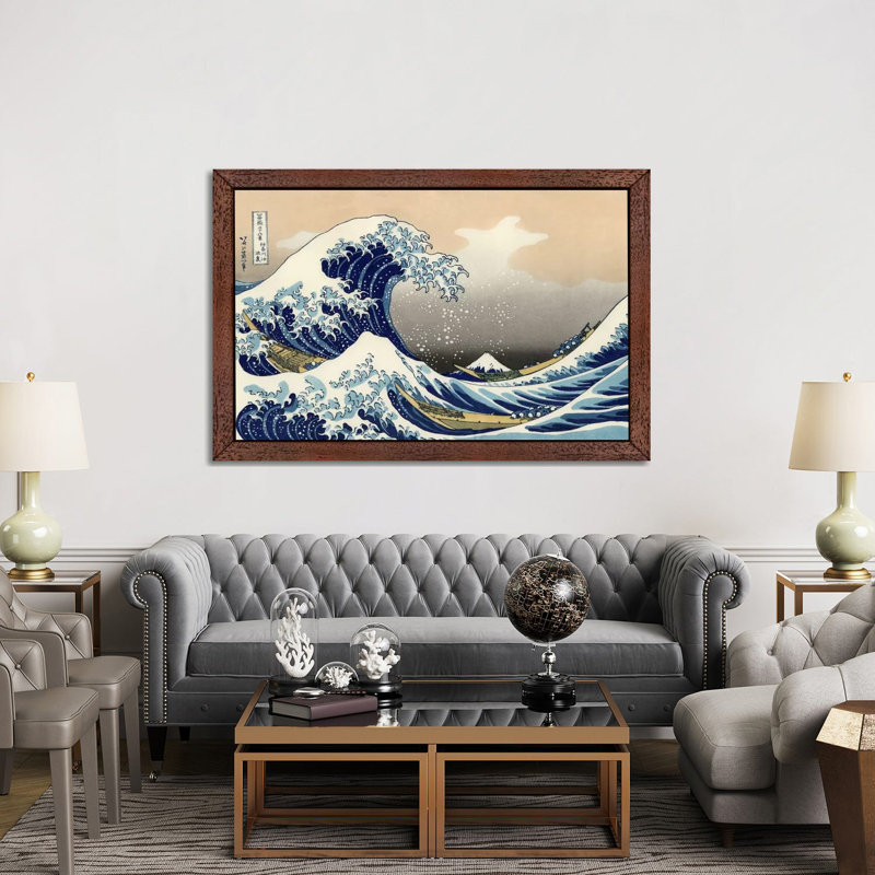 The Great Wave At Kanagawa, 1829 by Katsushika Hokusai - Wrapped Canvas Painting, 66.04 cm H x 45.72 cm W, Brown Framed