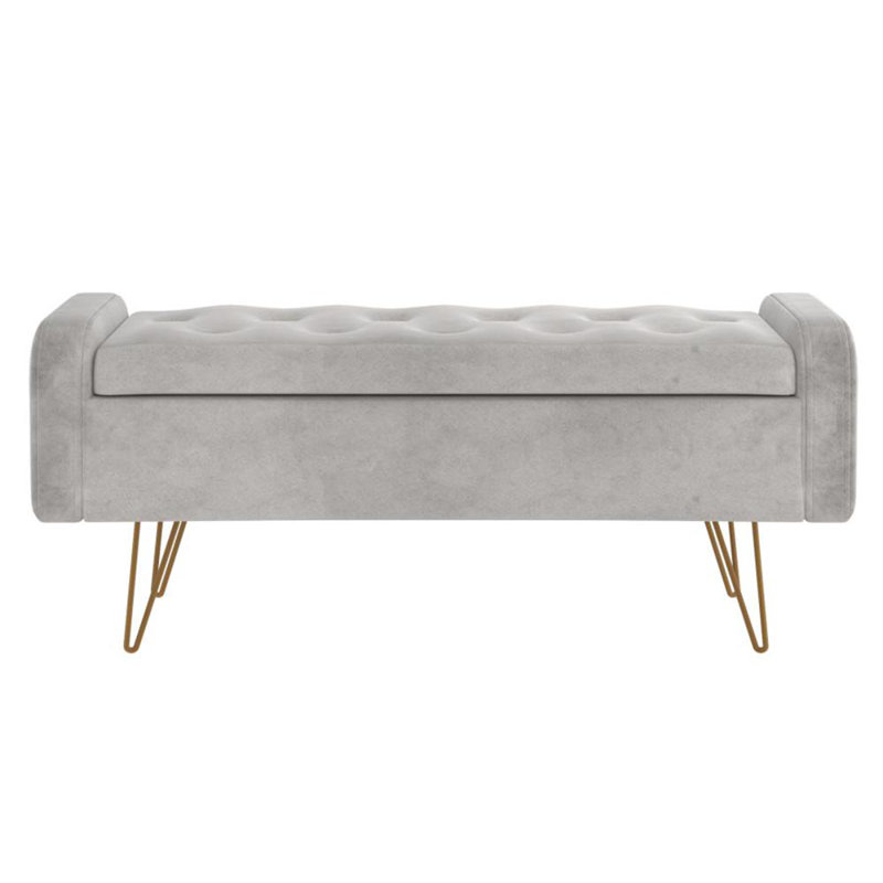 Repose-pieds de rangement rectangulaire en velours avec rangement 39,5 po, Velours gris, Or