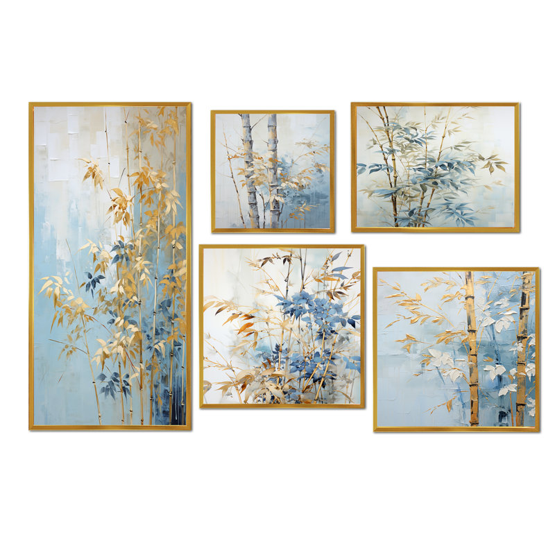 «Blue and Gold Bamboo Dance III», ensemble de 5 reproductions d'art mural en bambou, Cadre flottant doré