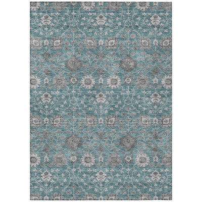 9' X 12' Teal Blue Gray And Charcoal Floral Washable Indoor Outdoor Area Rug