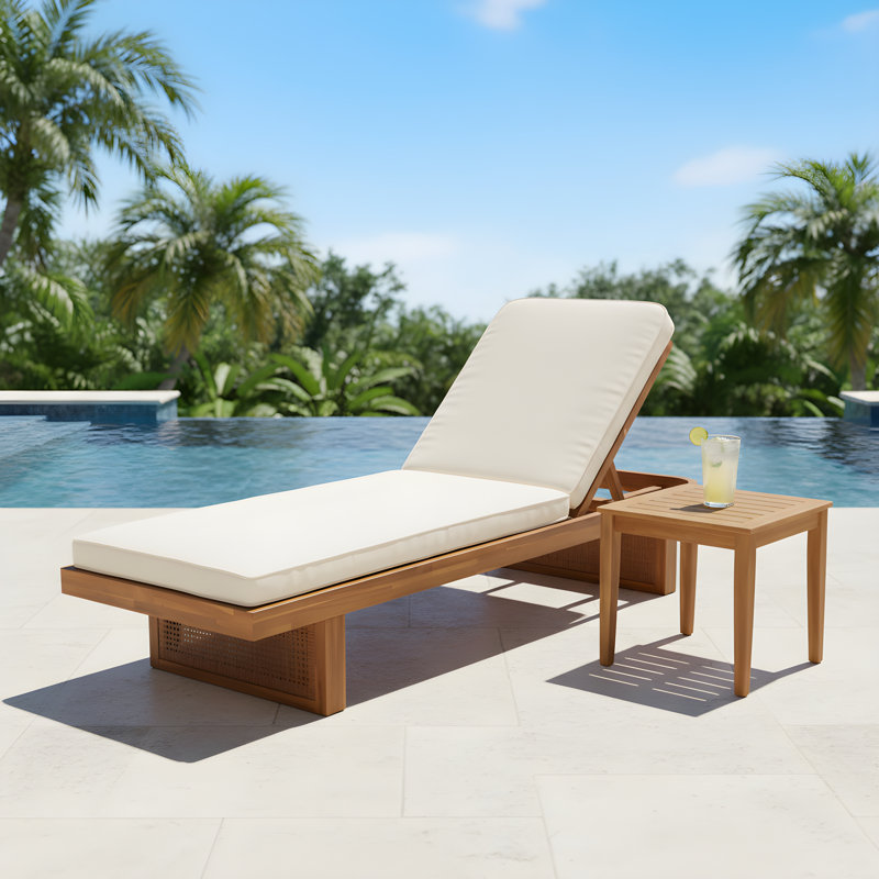 Steven Patio 2-Piece Acacia Wood Chaise Lounge & Slat Side Table Set With Adjustable Backrest & Cushion
