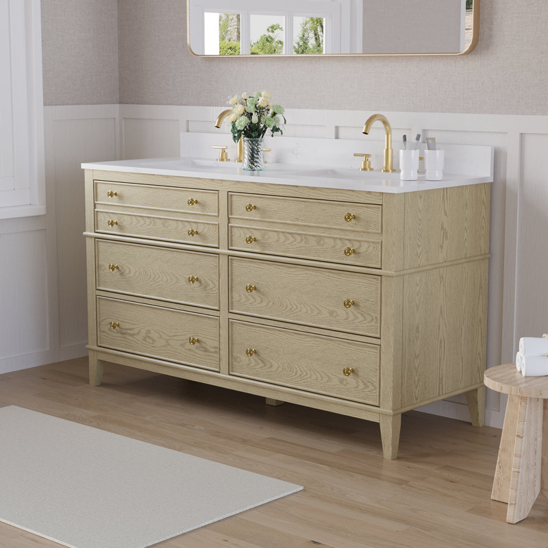 Meuble-lavabo en bois massif l 60 po x H 35 po avec comptoir en quartz blanc Carrera, tiroirs et lavabo double