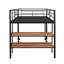 Lit mezzanine simple en métal avec bureau et tablettes en noir. Fabrication robuste. Conception pour la chambre à coucher. Bibliothèque intégrée. Abondant sous le bureau. Protégé par un garde-corps et des lattes. Pas de fondation ni de sommier-1479127930-1479127928