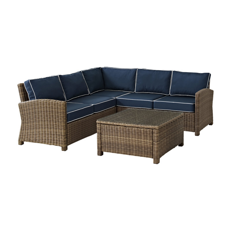 Ensemble de conversation modulaire en osier avec coussins 4 pièces Leandra, Velours bleu marine, Brun