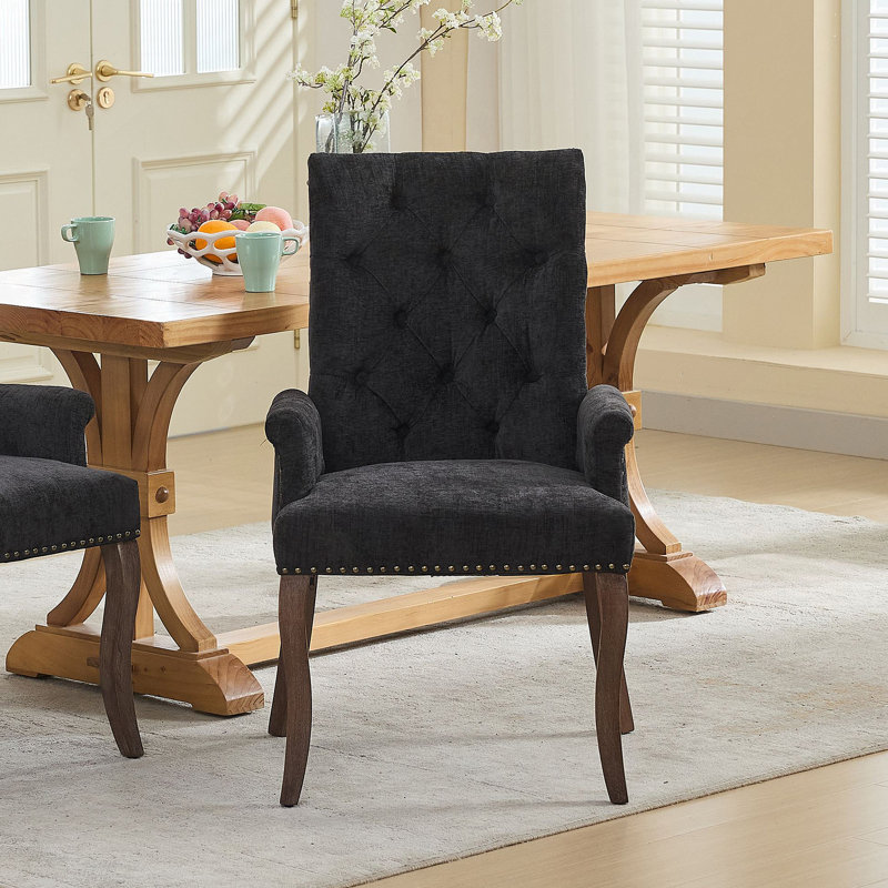 Élégante chaise de salle à manger rembourrée capitonnée en tissu de chenille avec des pieds incurvés en bois massif pour les espaces repas et loisirs
