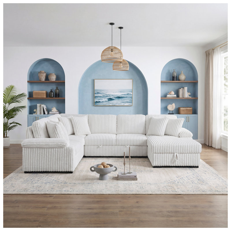 Ensemble de canapé modulaire 3 pièces en velours côtelé blanc avec rangement et méridienne
